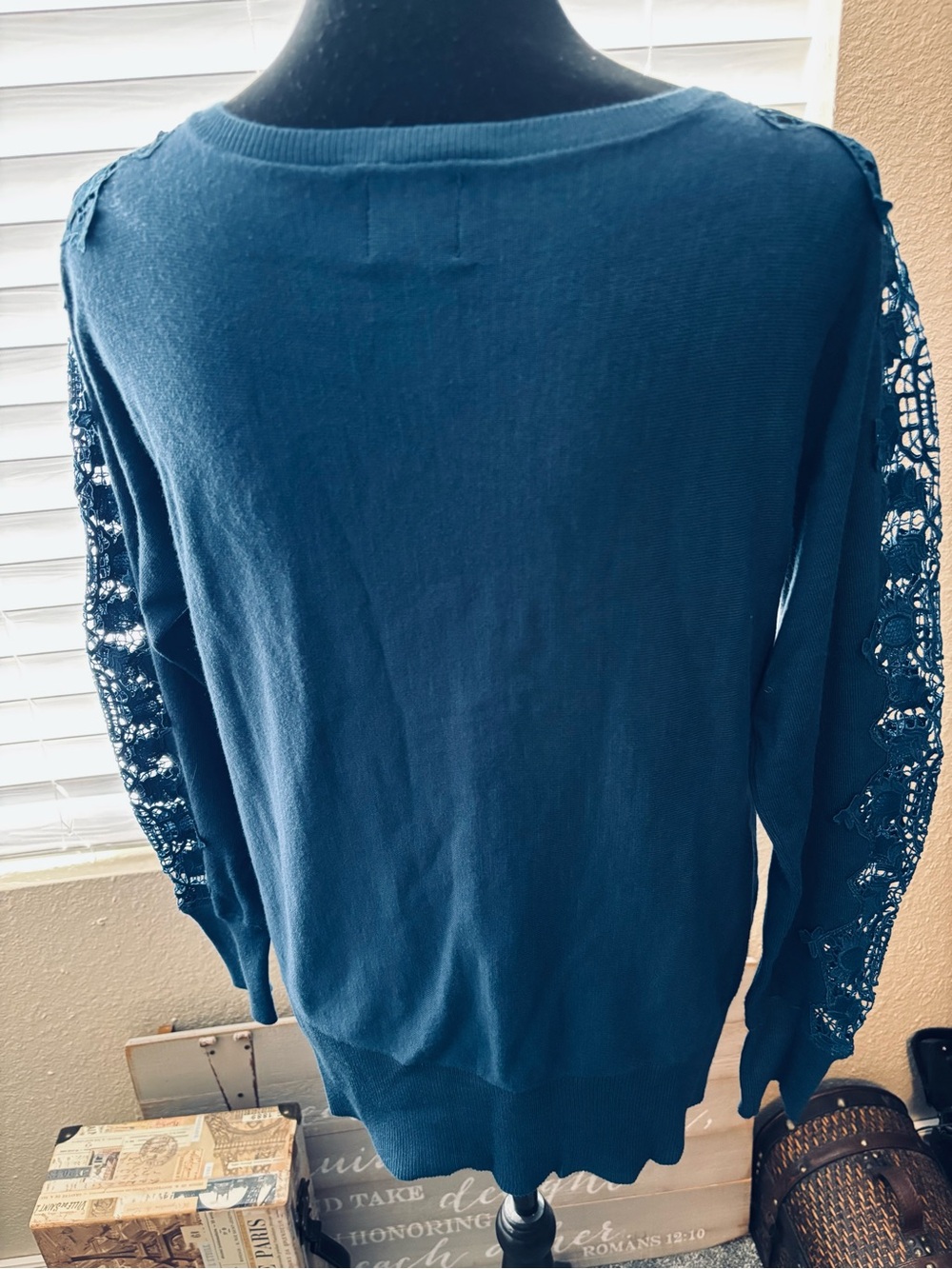 Ruby Rd. Royal Blue Sweater with Lace Sleeve Inserts - Picture 4 of 5